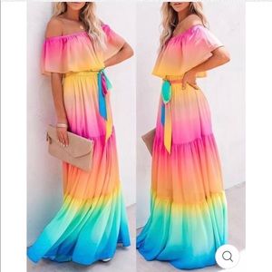VICI Rainbow Skies Off The Shoulder Tiered Maxi Dress - Small